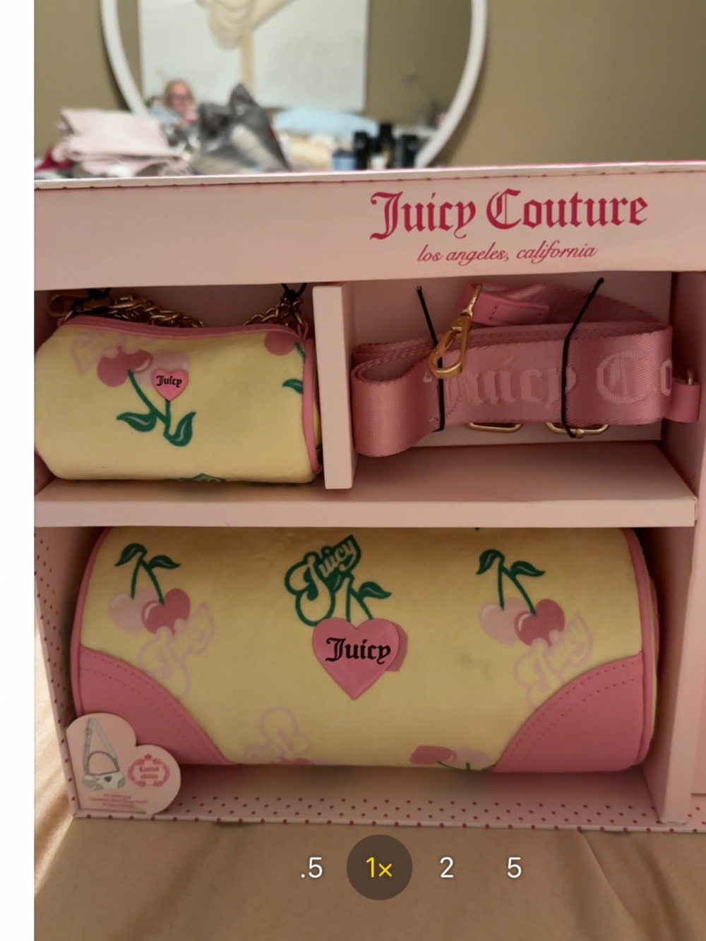 Juicy Couture Yellow Cherry Print Barrel Bag with Pink Trim and Strap